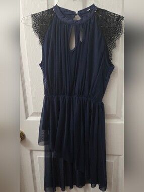 NWOT IBTOM Castle Navy Lace-Sleeve Chiffon Dance Dress
